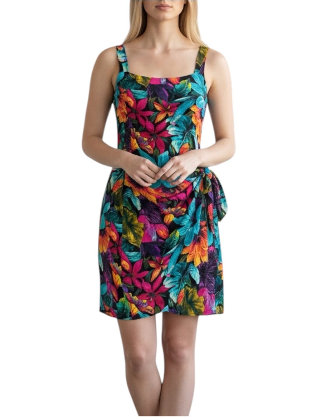 All That Jazz Tropical Multicolor Floral Square-Neck Side Tie Back Zip Sundress